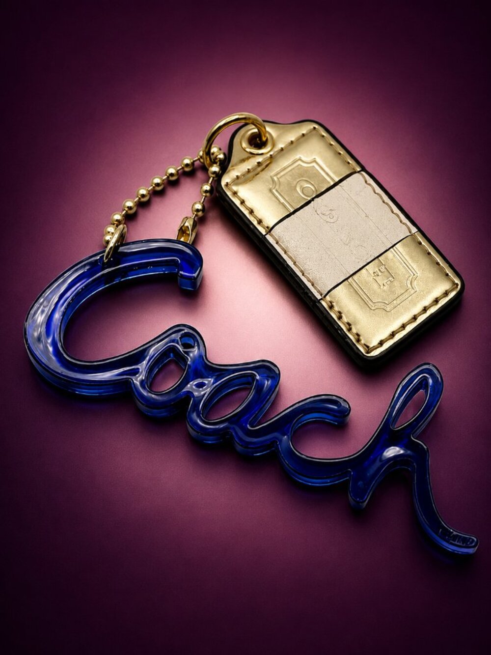 COACH Poppy Blue Acrylic Script Logo Bag Charm Keychain & Gold Tone Hangtag Rare - Picture 2 of 7